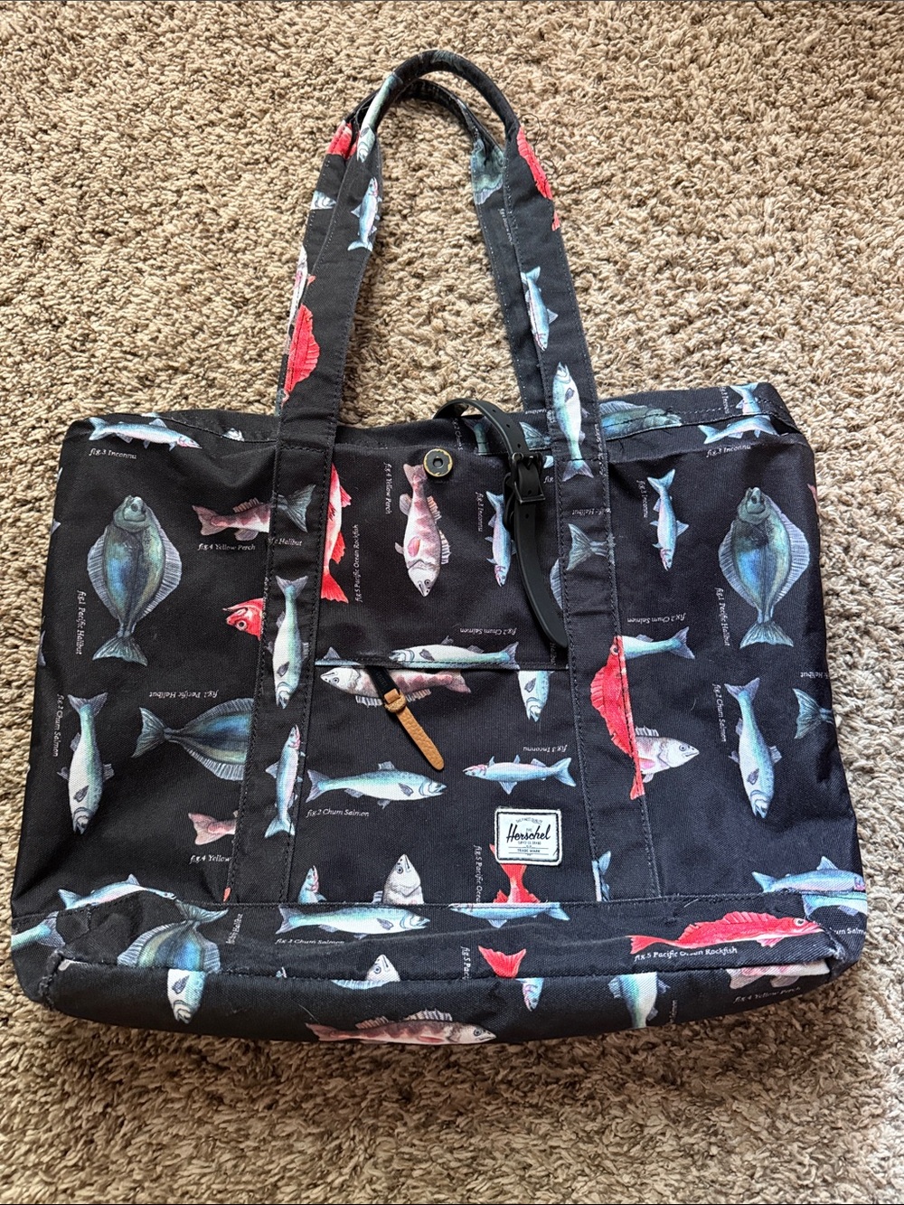 Herschel Supply Company Black Canvas Tote with Multicolor Fish Print